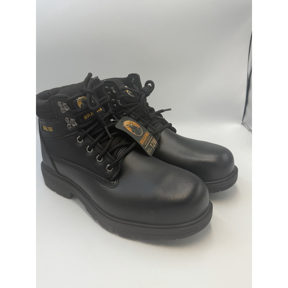 Brahma Men's 12W Black Leather Steel Toe Work Boots Oil Slip Resistant NWT Heavy